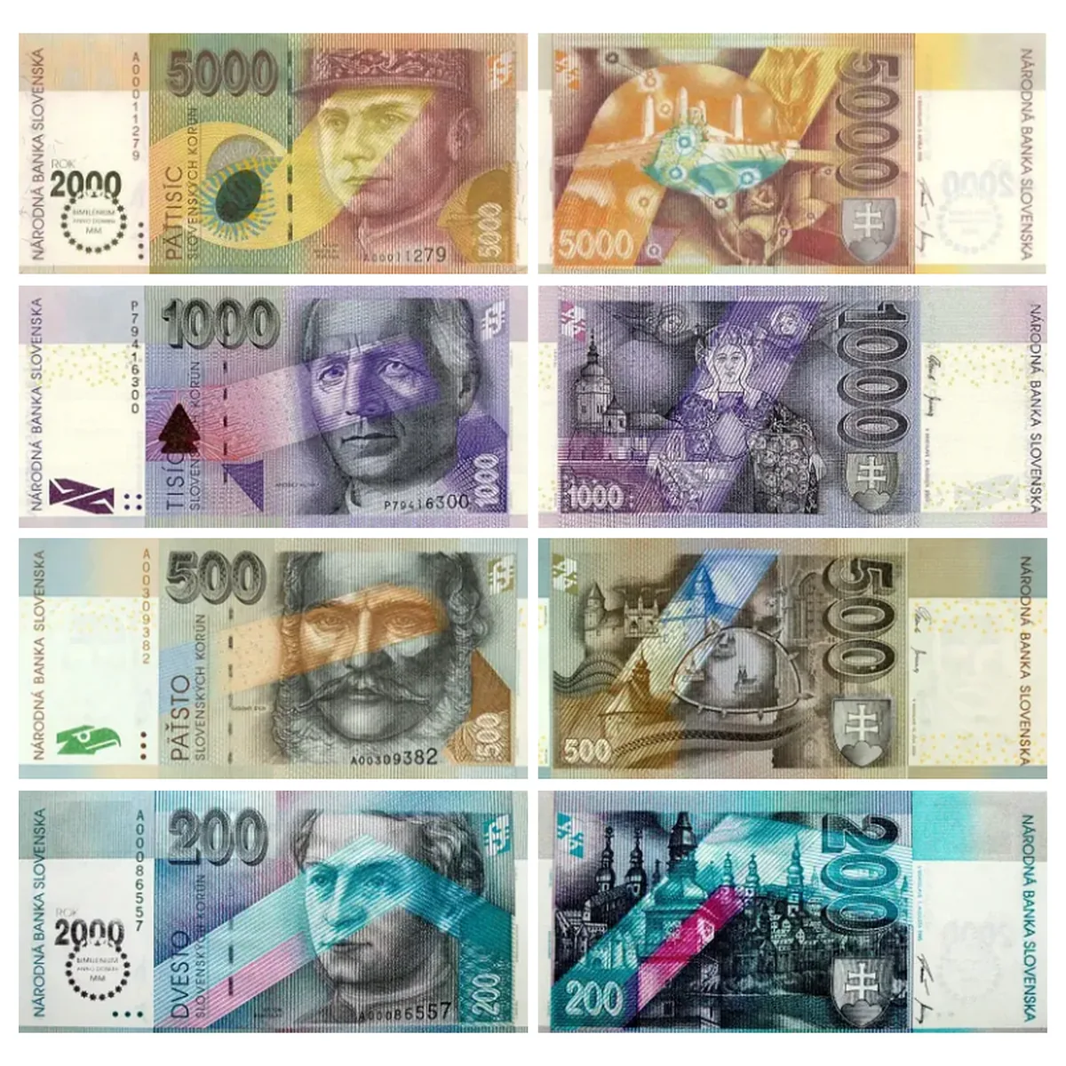 Wycofane 200, 500, 1000, 5000 Koron Słowackich seria 2006 - awers