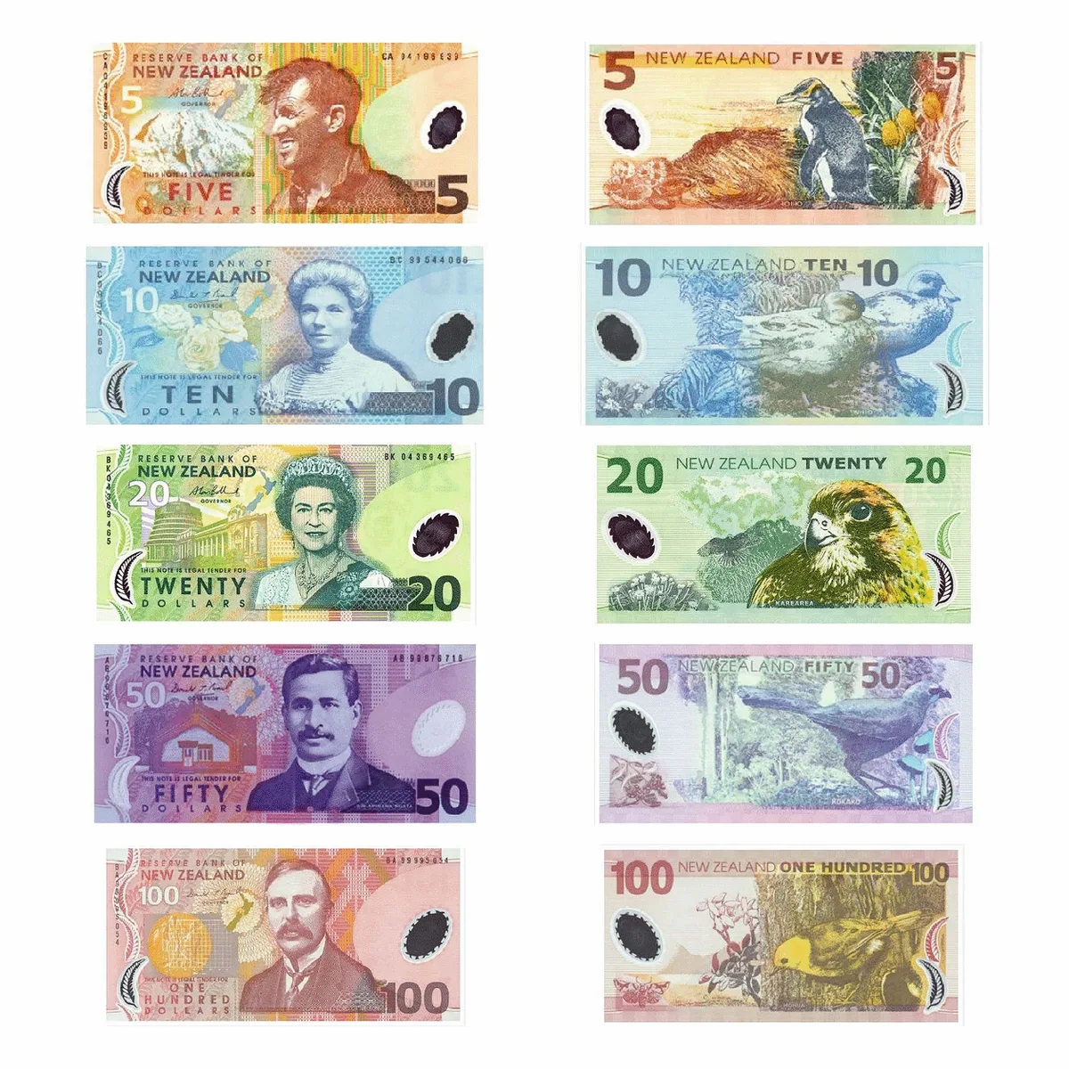 Wycofane 5, 10, 20, 50, 100 Dolarów Nowa Zelandia seria 6 - awers