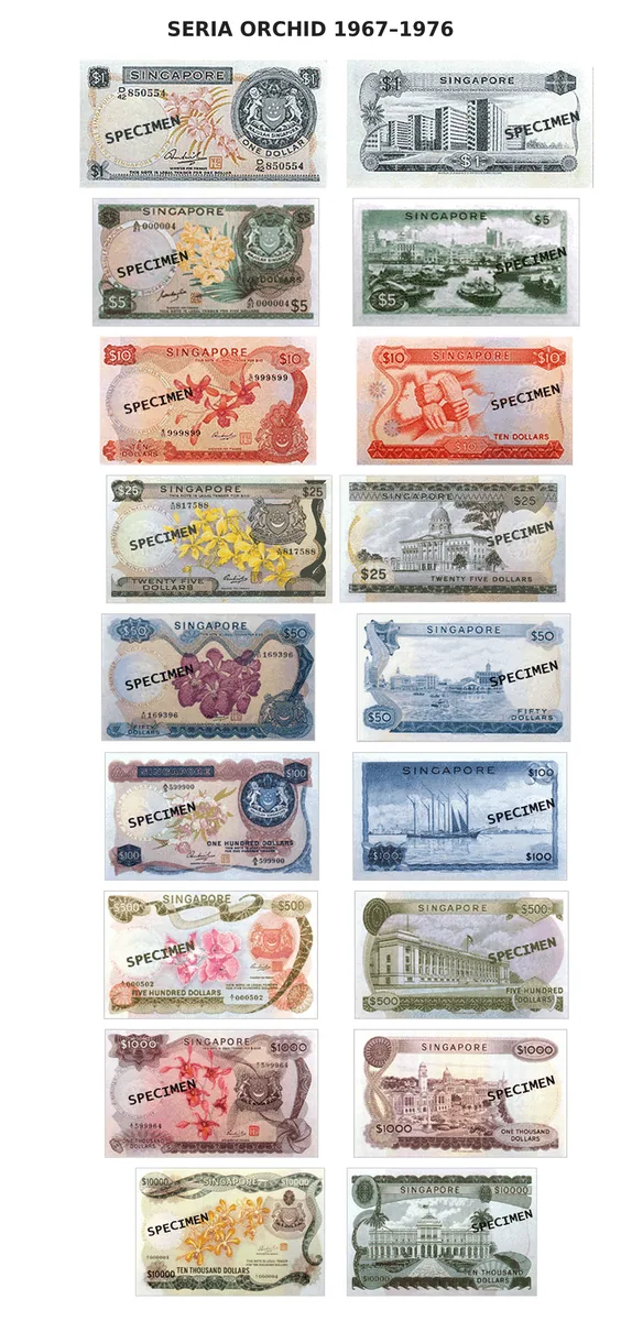 Wycofane 1, 5, 10, 25, 50, 100, 500, 1000, 10000 Dolarów Singapur seria Orchidea - awers