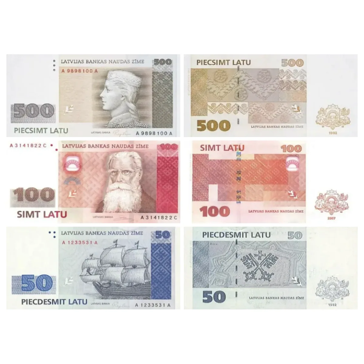 Wycofane 50, 100, 500 Łatów seria 1992 - awers