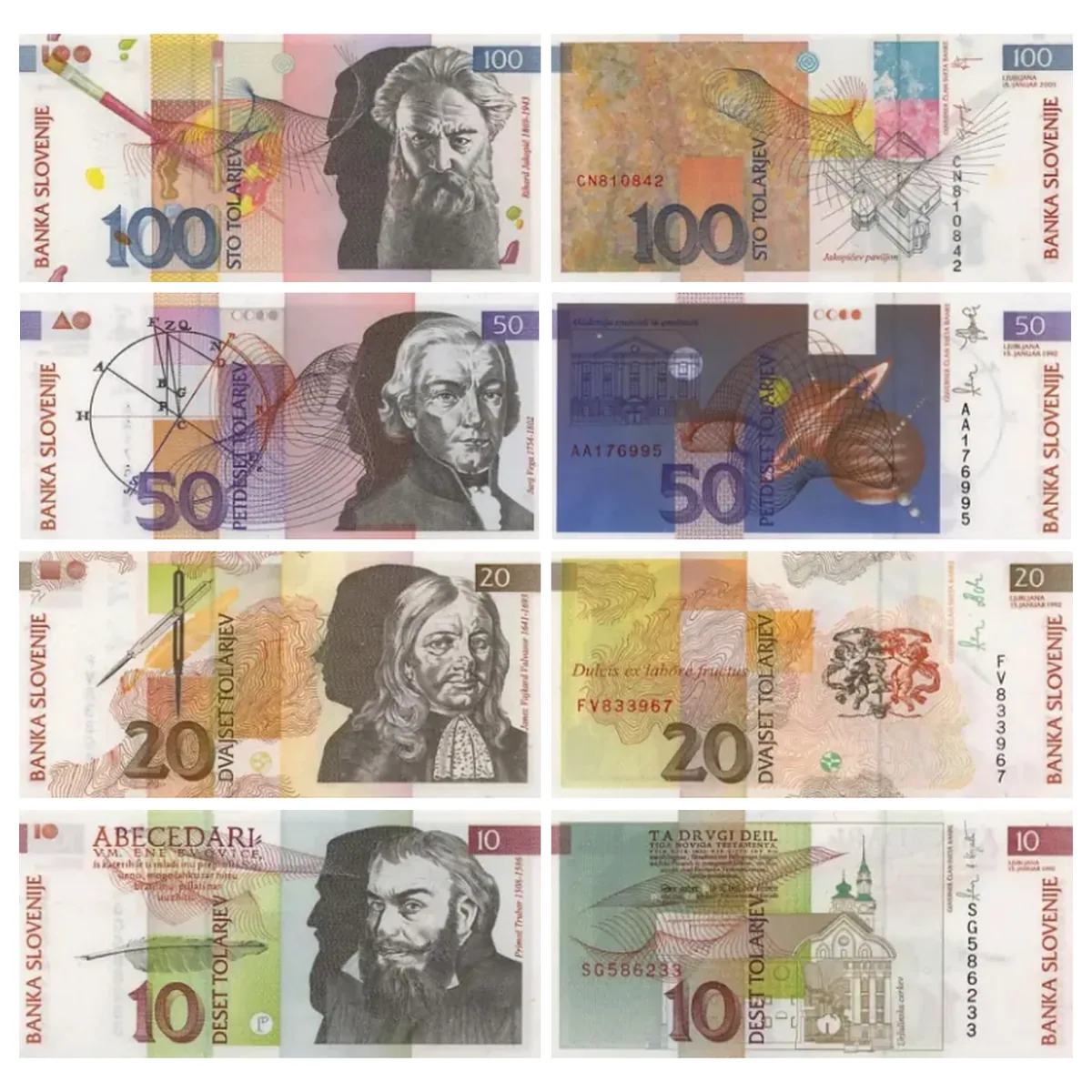 Wycofane 10, 20, 50, 100 Talarów Słoweńskich seria 1992 - awers