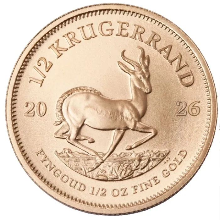 Złota moneta Krugerrand 1/2 oz Najstarsza moneta bulionowa świata, bita w 22-karatowym stopie próby 916,7. 1/2 oz czystego złota.