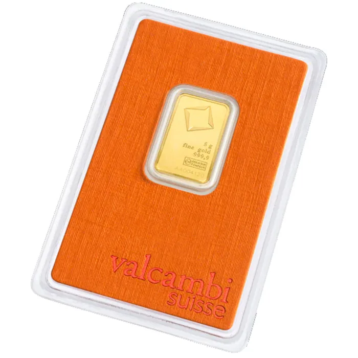Złota sztabka Valcambi Suisse 5 g Bita sztabka szwajcarskiej rafinerii Valcambi, próba 999,9, z certyfikatem i numerem seryjnym. 5 g - 5 g czystego złota.
