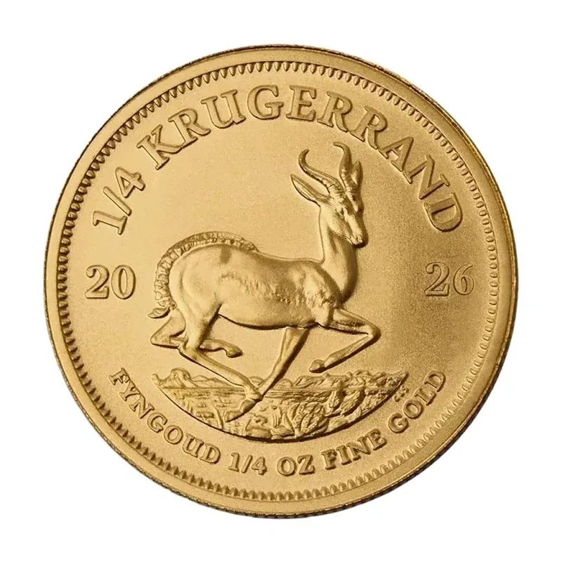 Złota moneta Krugerrand 1/4 oz Najstarsza moneta bulionowa świata, bita w 22-karatowym stopie próby 916,7. 1/4 oz - 7,7759 g czystego złota.