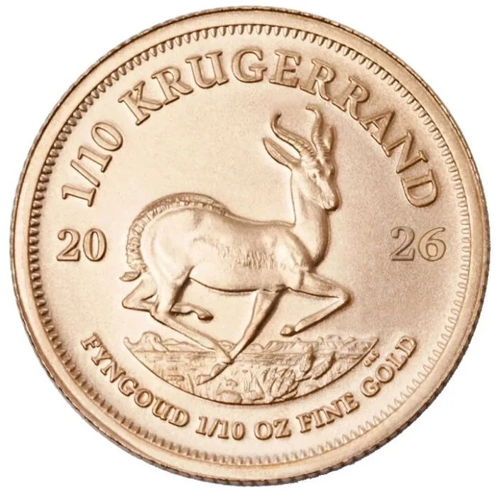Złota moneta Krugerrand 1/10 oz Najstarsza moneta bulionowa świata, bita w 22-karatowym stopie próby 916,7. 1/10 oz czystego złota.