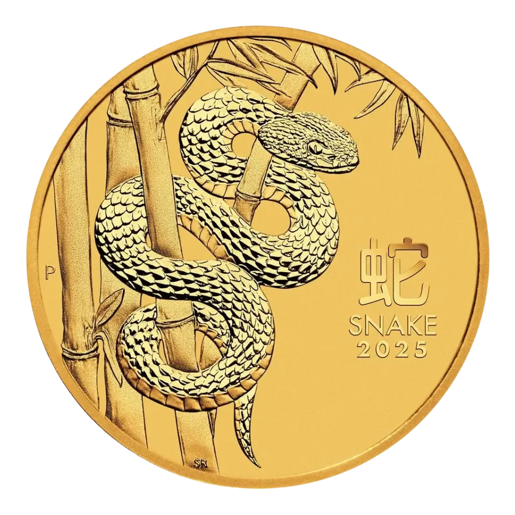 Złota moneta Australijski Lunar Rok Węża 2025 1/10 oz Seria Perth Mint z chińskiego kalendarza księżycowego - co rok inne zwierzę, ta sama próba 999,9. Rok Węża 2025, 1/10 oz czystego złota.