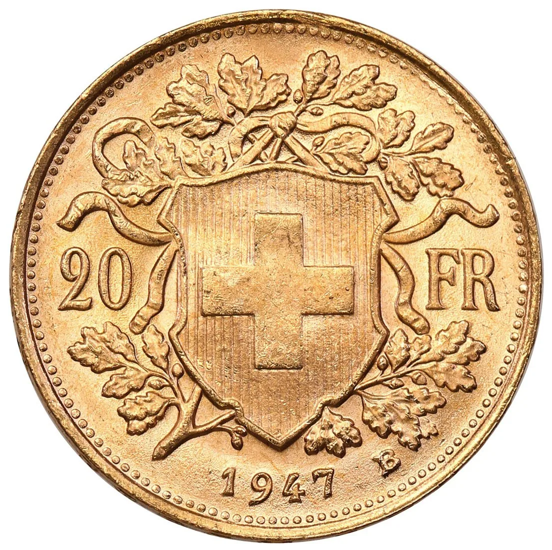 Złote 20 franków — szwajcarska Helvetia (Vreneli) rewers
