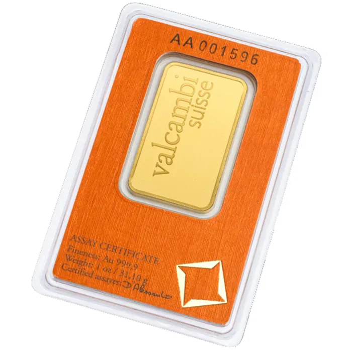 Złota sztabka Valcambi Suisse 1 oz Bita sztabka szwajcarskiej rafinerii Valcambi, próba 999,9, z certyfikatem i numerem seryjnym. 1 oz czystego złota.